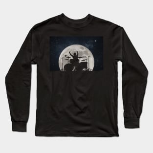 Drummer Playing Drums In Moon Space Solar System Long Sleeve T-Shirt